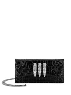 black calf leather crocodile print glossy finish front flap closure detachable shoulder strap silver-tone hardware crystal embellishment concealed magnetic fastening internal logo tag leopard print lining Luxury Clutch With Silver-tone Hardware, Luxury Black Clutch With Palladium Hardware, Luxury Formal Clutch With Silver-tone Hardware, Elegant Evening Clutch With Crocodile Pattern, Philipp Plein, Iconic Bags, Demi Fine Jewelry, Fine Earrings, Ballet Flat Shoes