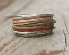 Stacking Skinny Rustic Rings Silver Gold Copper Patina Rings TEN Stacking Hammered Brushed Soldered Delicate Simple Chic Spring Fashion. $79.00, via Etsy. Spring Fashion Chic, Smaragd Ring, Rustic Rings, Stacking Ring Set, Copper Patina, Rings Silver, Gold Copper, Stackable Rings, Stacking Rings