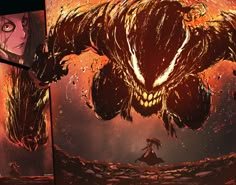 an image of a giant monster attacking a woman in the middle of a fire filled area