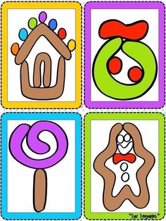 four pictures with different shapes and colors for children's art work on the same page