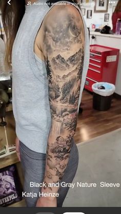 a woman with a full sleeve tattoo on her arm and the words black and gray nature sleeve