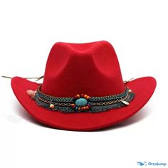 OrcaJump - Premium Western Cowboy Hat - Available in Red, Black, and 2 Other Striking Colors Red Brimmed Festival Costume Hats And Headpieces, Red Brimmed Costume Hat For Festival, Vintage Red Fedora Felt Hat, Red Brimmed Costume Hats And Headpieces For Festivals, Red Brimmed Festival Costume Hat, Red Curved Brim Costume Hat For Festivals, Red Vintage Outdoor Hat, Vintage Red Outdoor Hat, Western Style Winter Costume Cap