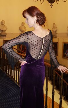 Dress to impress; Pure class and glamour, Simplicity and Sophistication  Features:  - soft stretch velvet spandex in dark purple shade  - luxury delicate black dotty soft net on sleeves and back panel - slim/pencil cut - 2 side slits allowing movement - flared sleeves with small slits - decorative buttons at the back   - length below knees Size UK 8-10, EU 36-38, USA 4-6 .  For other sizes please send your measurements: Bust, waist, hips and height.   Black velvet is available as well. Dark Purple Shade, Single Dress, Flair Dress, Net Dress, Tango Dress, Dress Velvet, Dance Tops, Ballroom Dress, Dress Cocktail