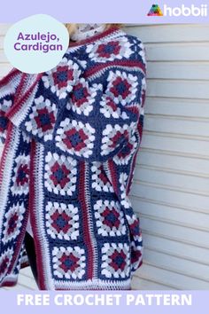 a crocheted jacket hanging on the side of a building with text overlay that reads, free crochet pattern