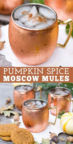 pumpkin spice moscow mules in copper mugs with cookies and leaves on the side