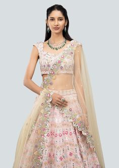 Baby pink embellished heavy kali plastic mirror work raw silk lehenga with broad border lehenga, sleeveless blouse and cutwork border dupatta. Lehenga Sleeveless, Plastic Mirror, Raw Silk Lehenga, Pink Lehenga, Silk Lehenga, Neck Piece, Mirror Work, Cut Work, Raw Silk