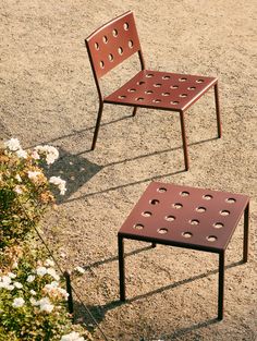 two brown chairs sitting on top of a dirt ground next to flowers and bushes with holes in them