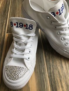 Make your day extra special with these beautiful Embroidered Monochrome Converse with your wedding date or monogram and date on the tongue. You can choose either all black or all white, they have NO lines around the sole as other converse do. Thread color is your choice ... hearts will be RED unless other color is specified. When placing your order: Please note thread color in notes section wedding date First name, Middle name and Last name so that I can get monogram correct. (Note: middle lette White Low-top Wedding Shoes For Bride, Custom White High-top Wedding Sneakers, White High-top Wedding Sneakers, Low-top Lace Wedding Shoes For Bride, White Low-top Wedding Shoes For Bridal Shower, White Round Toe Wedding Shoes For Destination Wedding, Custom White Sneakers With Round Toe For Anniversary, White Custom Sneakers With Round Toe For Anniversary, White Sneakers With Laces For Bridal Shower