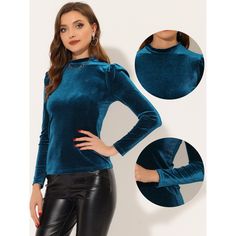 Get your shimmer on in this chic yet simply styled velvet top. A velvet top with puff sleeves and a mock neck offers a charming look for day or night. Suitable for casual, holidays, parties, night club and festivals. Elevate your style in this crop top made of glittery velvet fabric. This velvet top is perfect for being paired with any tight trousers or short skirts for a chic and hot look. Fall Party Solid Color Puff Sleeve Top, Solid Color Puff Sleeve Top For Fall Party, Elegant Velvet Tops For Fall, Velvet Tops For Winter Night Out, Solid Long Sleeve Puff Sleeve Top For Party, Chic Velvet Tops For Winter, Solid Color Long Sleeve Puff Sleeve Top For Party, Chic Velvet Tops For Fall, Blue Puff Sleeve Top For Fall