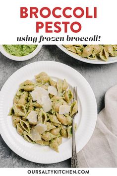 broccoli pesto pasta on a white plate with a fork