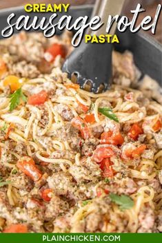 creamy sausage pasta in a skillet with a spatula on the side and text overlay