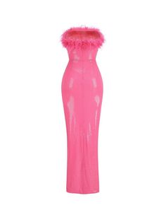 Introducing the stunning Marin Strapless Feather Sequin Maxi Dress in Hot Pink. With a feather-sequin pattern, this dress is perfect for making a statement at any event. The strapless design offers a flattering silhouette, while the vibrant hot pink color adds a pop of color to your wardrobe. Perfect for the fashion-forward individual. Material: Sequin (100% Polyester) Invisible zipper opening at the back Stretch Factor: Slight Stretch Clean: Dry clean only Color may vary due to the lighting on Glamorous Strapless Dress With Feathers For Cocktail, Glamorous Sequin Dress With Feather Trim For Prom, Strapless Feather Dress For Party, Strapless Feather Dresses For Parties, Sleeveless Party Dress With Ostrich Feathers, Summer Party Dresses With Ostrich Feathers, Prom Sequin Dress With Feather Trim And Fitted Design, Sequin Dress With Feather Trim For Prom, Strapless Feather Party Dresses