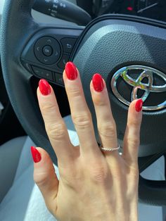 Dip powder natural almond red nails OPI Round Red Nails Acrylic, Valentines Nails Gel Short Almond, Red Rounded Acrylic Nails, Red Nails Acrylic Almond Short, Simple Red Almond Nails, All Red Almond Nails, Short Red Pointy Nails, Short Rounded Red Nails, Red Nails Powder Dip