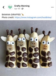 three giraffes made out of banana slices with chocolate eyes and noses on them