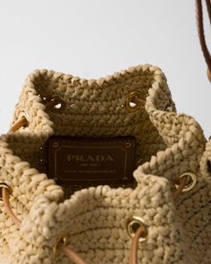 Natural Crochet And Leather Mini-bucket Bag | PRADA Mini Bucket, Mini Bucket Bags, Leather Mini, Bag Making, Bucket Bag, Prada, Shoulder Strap, Crochet, Leather