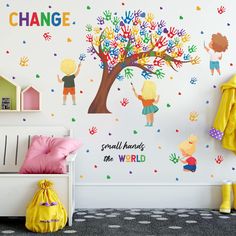 PRICES MAY VARY. [Inspirational Decals] This wall sticker for kids room is printed with colorful palms and trees in unique hearts shape design to create a happy, free learning space for your toddler. And [small hands change the world]. [Use] Easy to peel and stick. Easily install kids wall decor on doors, painted walls, or any smooth, flat, dry, dust-free surface. [Scenario] This set of daycare wall stickers is perfect for decorating a nursery, child's bedroom, living room, classroom, window, bi Small Hands Change The World, Classroom Wall Decals, Colorful Inspirational Quotes, Classroom Window, Inspirational Decals, Translucent Material, Inspirational Wall Decals, Painted Walls, Kids Wall Decor