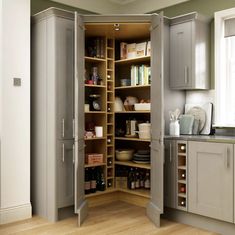 an open pantry in the middle of a kitchen with lots of cupboards and drawers