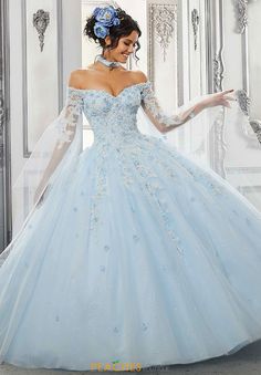 Vizcaya Dress 60143 | PeachesBoutique.com Dresses Cinderella, Cinderella Blue, Off Shoulder Ball Gown, Quinceanera Dresses Blue, Wedding Dresses Cinderella, Quince Dress, Cinderella Wedding, Angel Sleeves, Cinderella Dresses