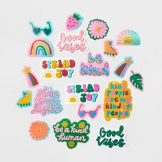 various stickers that say good vibes