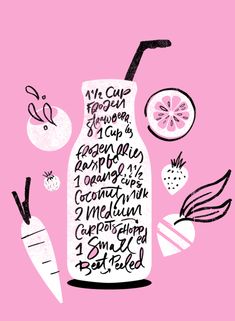 a pink background with an illustration of a milk bottle and other food items on it