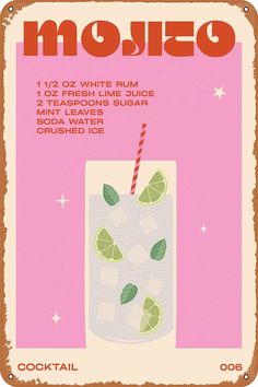 an advertisement for a drink with limes and ice on the side, in front of a pink background