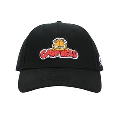 Embrace the charm of everyone's favorite cat with this black Garfield baseball cap. Featuring an image of Garfield lounging above bold red letters spelling out his name, this cap is a playful addition to your collection. Crafted from comfortable cotton, the cap comes with an adjustable strap for a personalized fit. Keep it looking fresh with a simple hand wash in cold water and lay it flat to dry. As An officially licensed Garfield accessory, this cap is a testament to both style and quality. Black Baseball Cap With Logo Print, Black Fitted Hat With Letter Print And Curved Visor, Custom Logo Black Baseball Cap, One Size, Black Casual Snapback Hat With Custom Logo, Black Baseball Cap With Custom Logo For Baseball Season, Black Hat With Custom Logo For Baseball Season, Garfield Images, Seatbelt Belt, Character Logo