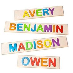 three wooden name puzzles with the words avery, benjamin, madison and own