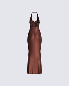 Brown Backless Dress, Brown Dress Formal, Prom Dress Brown, Brown Halter Dress, Brown Dresses Formal, Hoco Ideas, Baby Ballerina, Brown Dresses, Orange Satin