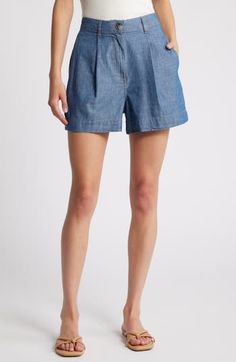 Soft pleats elevate the style of relaxed-fit, trouser-inspired shorts made from lightweight denim. Zip fly with button closure Front slant pockets 100% cotton Machine wash, line dry Imported High Rise Cotton Bermuda Shorts For Summer, Light Wash Relaxed Fit Bottoms For Work, Casual High-waisted Bermuda Shorts For Spring, Casual Mid-rise Shorts For Summer, Casual Mid-rise Summer Shorts, Denim Wide Leg Bermuda Shorts With Pockets, High-waist Denim Bermuda Shorts For Summer, Relaxed Fit Shorts For Spring Day Out, High Rise Bermuda Shorts With Relaxed Fit For Summer