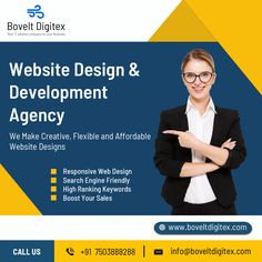 a woman in glasses is standing with her arms crossed and the words website design & development agency