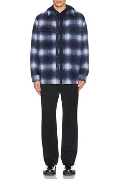 Self: 70% polyester 30% wool, Lining: 100% viscose.  Made in China.  Dry clean only.  Front button closure.  Chest flap pockets.  Button cuffs.  Midweight flannel fabric.  .  .  .  .  .  .  .  .  . Flannel Fabric, Flap Pocket, Plaid Shirt, Shirt Jacket, Plaid, Wool, Fabric