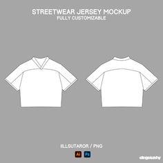 the front and back view of a t - shirt with short sleeves, designed for street wear jersey mockup