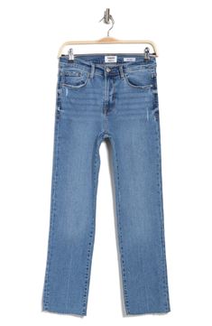 Styled with distressing at the knees and a raw hem, these high-rise jeans are fitted with a straight-leg silhouette for a casual everyday look. 8" rise, 27" inseam (size 26) Zip fly with button closure Five-pocket style High rise Raw hem 68% cotton, 28% polyester, 3% rayon, 1% spandex Machine wash, tumble dry Imported Model stats: 5'10", 32" bust, 25" waist, 36" hip. Model is wearing size 26. Mid-rise Solid Color Denim Jeans, High Rise Light Wash Slim Fit Jeans, Mid-rise Denim Blue Elastane Jeans, Straight Fit Full-length Rigid Denim Jeans, Pre-washed Straight Leg Rigid Denim Jeans, Slim Straight Jeans, Slim Waist, Casual Everyday, High Rise Jeans