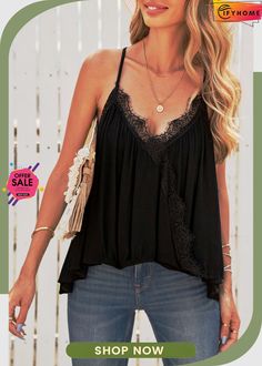 Black Deep V Neck Wrap Spaghetti Strap Tank Top Black Spaghetti Strap Tops For Summer, Black Spaghetti Strap Top For Spring, Casual Black Camisole For Beach, Chic Black Camisole For The Beach, Black Casual Camisole For Day Out, Casual Black Camisole For Day Out, Black Spaghetti Strap Top For Day Out, Black Spaghetti Strap Tank Top For Day Out, Black Spaghetti Strap Camisole For Spring