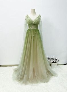 A-line Green Gradient Puffy Sleeves Tulle Long Party Dress Outfits For Girls Earth Green Dress, Vintage Green Dresses, Cottage Core Prom Dress, Green Fairy Dress, Fairytale Prom, Senior 25, Green Formal Dress, Fairytale Gown, Green Formal Dresses