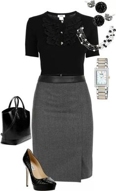 Black short-sleeve blouse, grey pencil skirt, black pumps -- work / professional outfit by yvette Office Outfits For Ladies, Professional Attire, Outfit Trends, Fashion Hub, Business Outfit, A Skirt, Work Wardrobe, Work Attire, Looks Style