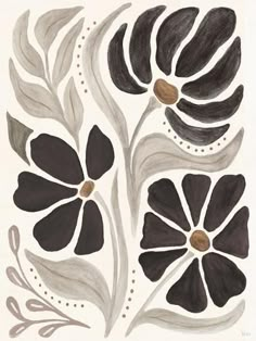 a drawing of black and white flowers with leaves