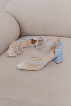 Something Blue Wedding Heels with Pointy Toe and Pearl Embroidery, Beaded Leather Wedding Shoes with Low Block Heels, Custom Bridal Sandals White Embellished Wedding Shoes, Blue Wedding Sandals, Blue Heels Wedding, Embroidery Beaded, Blue Wedding Shoes, Pearl Embroidery, Pearl Anklet, Something Blue Wedding, Leather Wedding