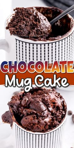 two mug cakes with chocolate frosting in them and the title reads chocolate mug cake