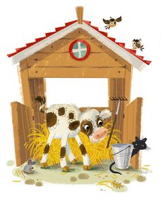 a cow standing in front of a wooden structure with hay and other animals around it