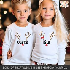 Get your little ones in the holiday spirit with our matching long or short sleeved Christmas t-shirts for kids! Available in sizes ranging from baby bodysuits 0-3 months to Youth XL, these shirts are perfect for family gatherings and holiday photos. Each shirt is customized with child's name. Made from high-quality materials, these shirts are sure to become a holiday favorite for years to come. Order now and bring some holiday cheer to your family's wardrobe! All items are made to order. They wi Kids Christmas Shirt Ideas, Christmas Cricut, Christmas Shirts For Kids, Cousin Crew, Christmas Names, Christmas T Shirt Design, Christmas T Shirts, Initial Name, Christmas Kids