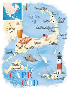 an illustrated map of cape town and lighthouses in the united states, with captions