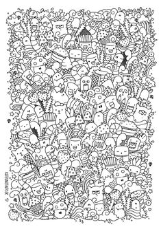 a coloring page with lots of cartoon characters in black and white, all on one sheet