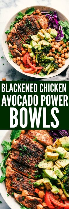 two plates filled with chicken and veggies on top of each other, the words blackened chicken avocado power bowls