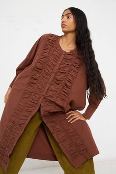 Billowy Cotton Dress For Fall, Brown Cotton Midi Dress For Daywear, Brown Cotton Midi Dress For Work, Fall Cotton Midi Dress With Ruffles, Fall Cotton Midi Dress In Brown, Brown Cotton Midi Dress For Fall, Fall Long Sleeve Pintuck Dress, Brown Ruffled Midi Dress For Daywear, Ruffled Midi Dress