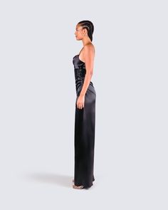 Walk into any room and steal the show in this glamorous two piece look ⭐ This satin black maxi dress is paired with a black sequin corset for a fit that gives off a powerful bad b*tch energy that will be impossible to ignore 🖤 Sleek Satin Maxi Dress For Night Out, Floor-length Evening Dress With Corset Back For Night Out, Fitted Maxi Dress With Satin Finish For Evening, Glamorous Black Evening Dress With Boned Bodice, Black Satin Dress For Night Out During Prom Season, Fitted Full Length Satin Evening Dress, Glamorous Evening Satin Dress For Party Season, Glamorous Satin Evening Dress For Party Season, Fitted Black Evening Dress With Satin Finish