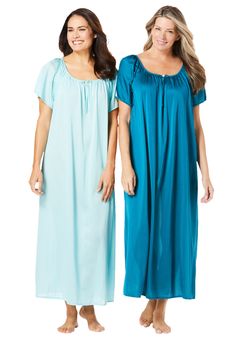 Experience ultimate comfort with our silky smooth nightgowns, crafted from cling-free fabric for a restful sleep each night.Features a charming shirred scoop neck adorned with a dainty rosette, adding a touch of femininity to your nighttime wardrobe.Flutter sleeves create a graceful and relaxed silhouette, ensuring you feel beautiful and unrestrained.Long length design provides full coverage, perfect for all seasons and added comfort.Comes in a convenient set of two, offering lasting value and v Plus Size Nightgowns, Plus Size Pajamas, Swimsuits For All, Sleepwear & Loungewear, Nightgowns, Deep Teal, Free Fabric, Flutter Sleeves, How To Feel Beautiful