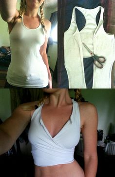 Turn Tank Top Into Crop Top, How To Make Your Tank Top Tighter, Turning T Shirt Into Tank Top, T Shirt To Halter Top, No Sew T Shirt Hacks, Diy Clothes From Old Clothes, Upcycling Crop Tops, Top Alterations Ideas, How To Make A Shirt Tighter Fit