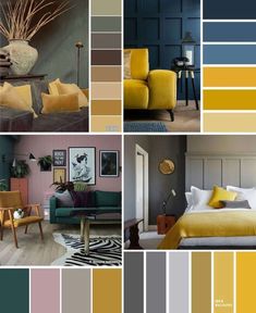 a collage of yellow and grey colors in the bedroom, living room, dining room