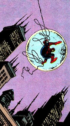 an illustration of a spider man flying through the air over buildings in front of a purple sky